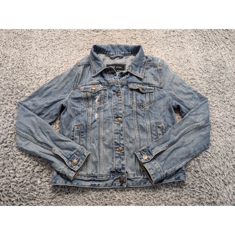 Black Rivet Jacket Women Small Blue Denim Distressed Thrashed Trucker Bikercore